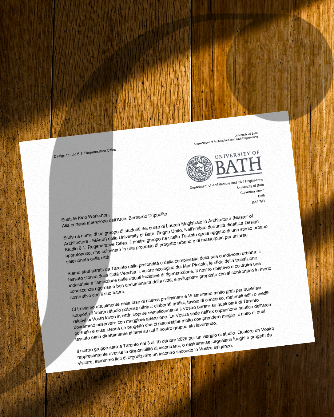 Lettera degli studenti della University of Bath a Taranto indirizzata a Kino Workshop”