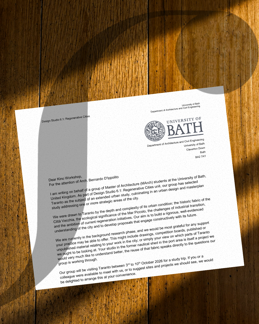 Letter from University of Bath students in Taranto to Kino Workshop